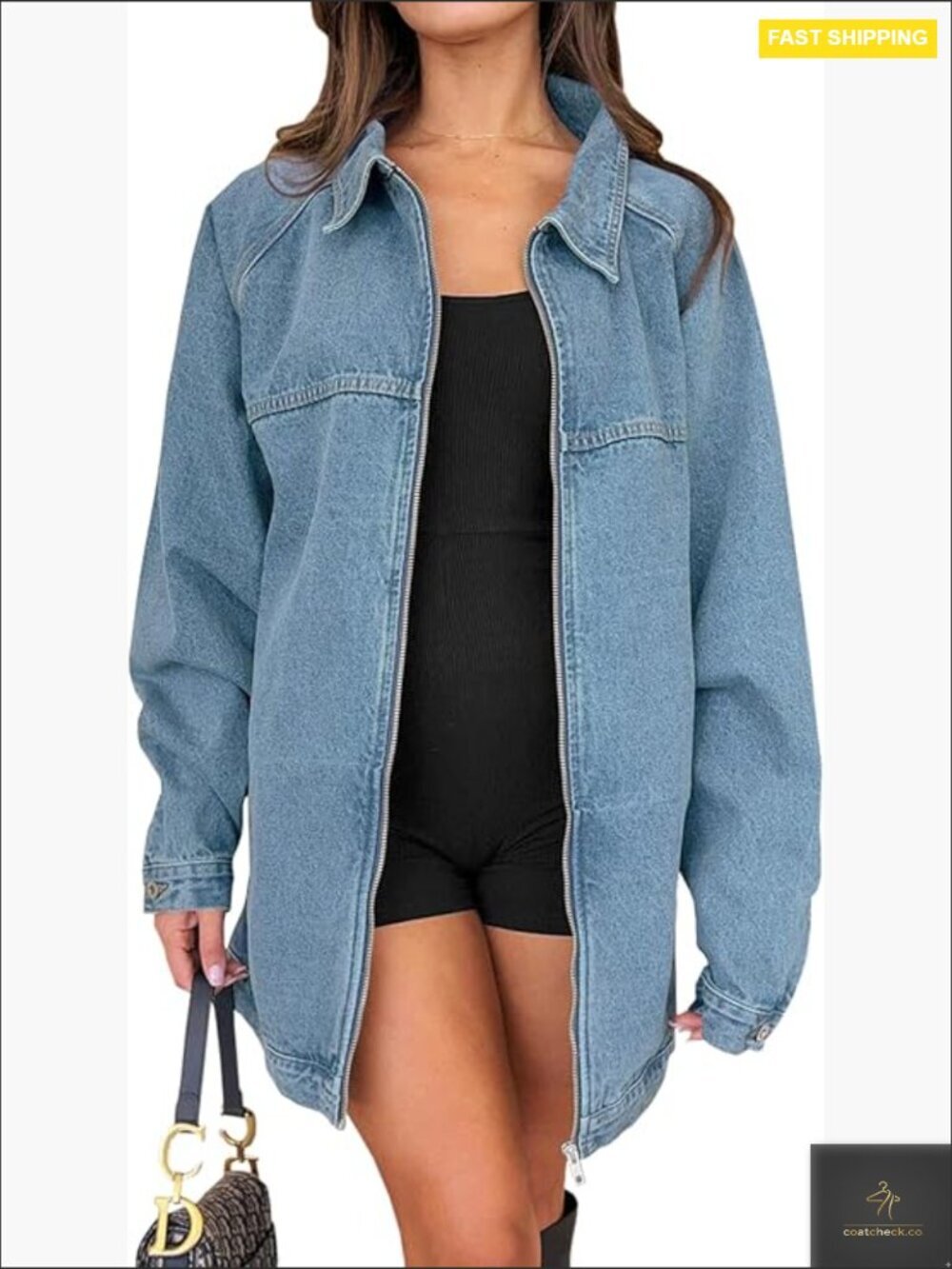 Oversized Denim Jacket Zip Up Long Sleeve Casual Boyfriend Style with Pockets